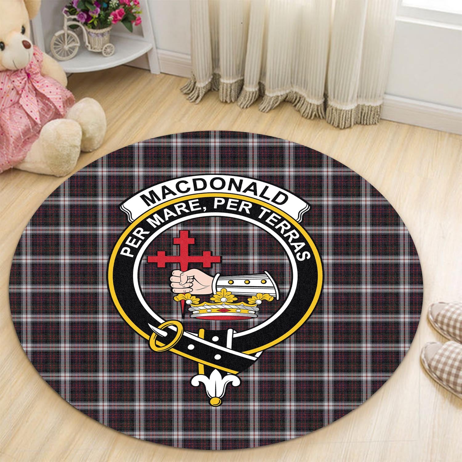 macdonald-dress-tartan-round-rug-with-family-crest