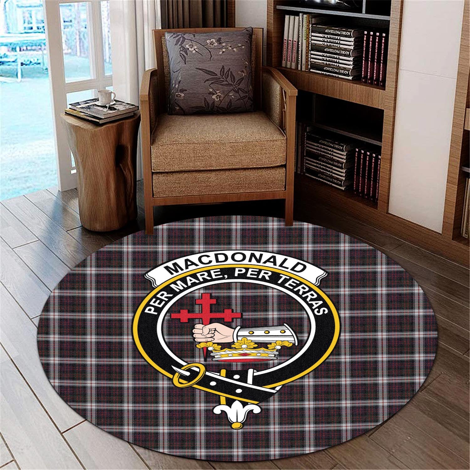 macdonald-dress-tartan-round-rug-with-family-crest