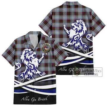 MacDonald Dress Ancient Tartan Short Sleeve Button Shirt with Alba Gu Brath Regal Lion Emblem