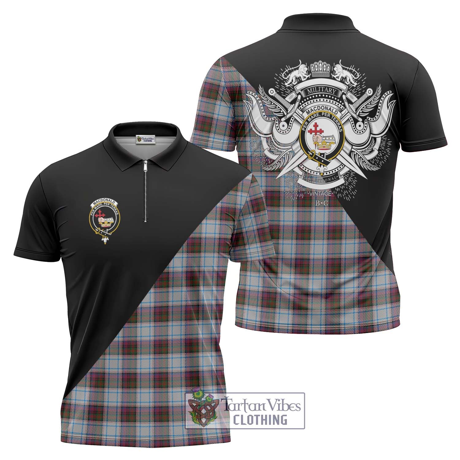 Tartan Vibes Clothing MacDonald Dress Ancient Tartan Zipper Polo Shirt with Family Crest and Military Logo Style