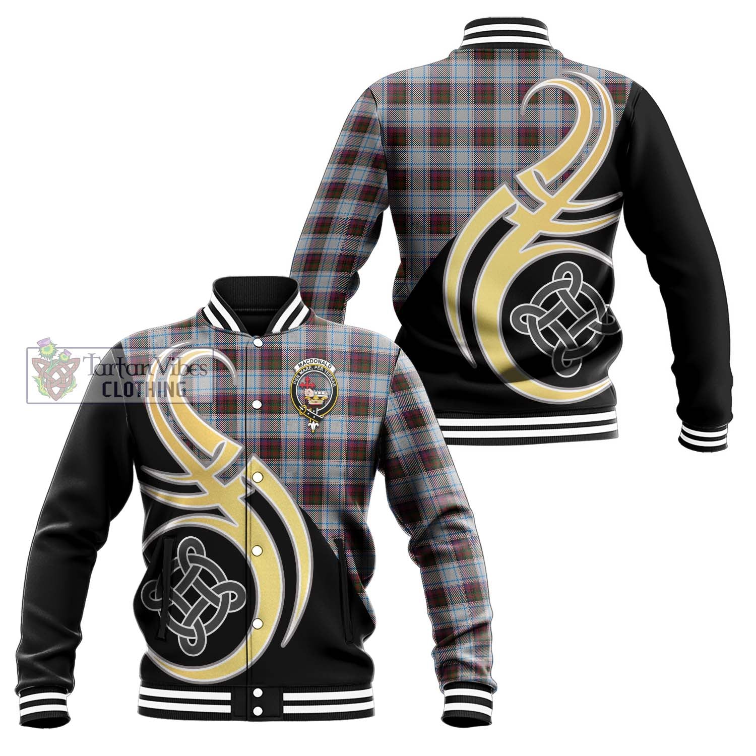 Tartan Vibes Clothing MacDonald Dress Ancient Tartan Baseball Jacket with Family Crest and Celtic Symbol Style