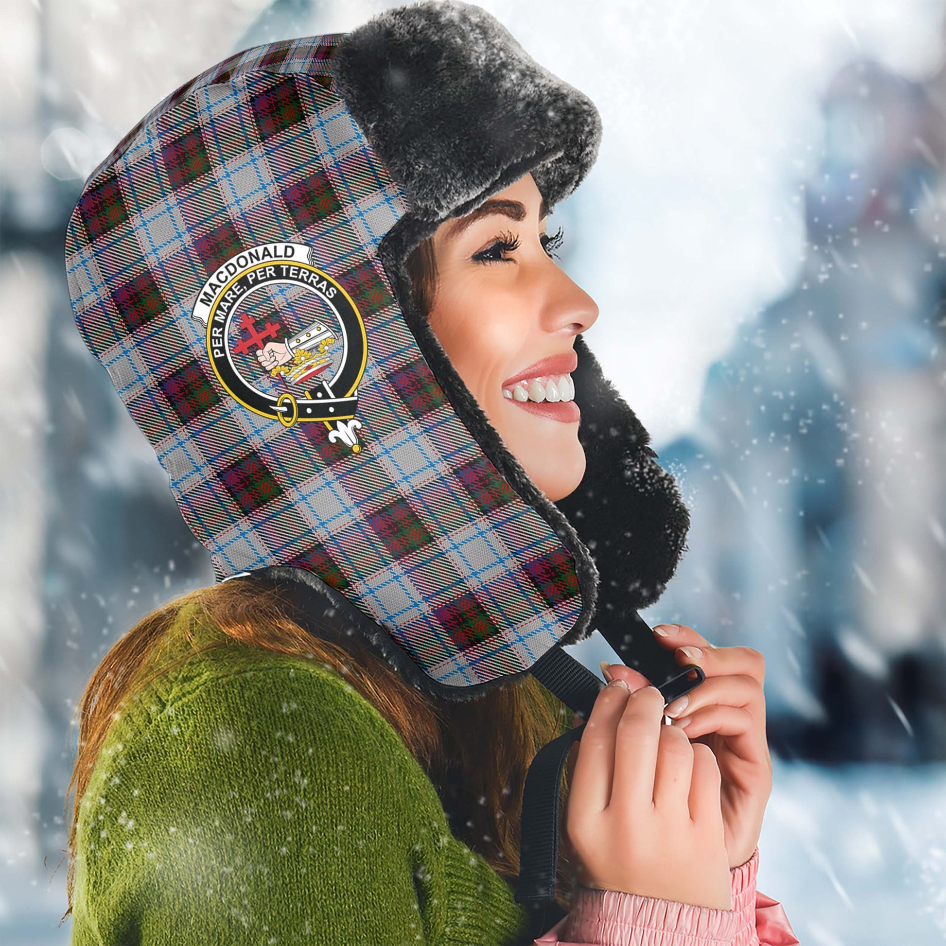 MacDonald Dress Ancient Tartan Winter Trapper Hat with Family Crest Winter Trapper Hat Universal Fit Circumference 22.8in (58cm) - Tartanvibesclothing