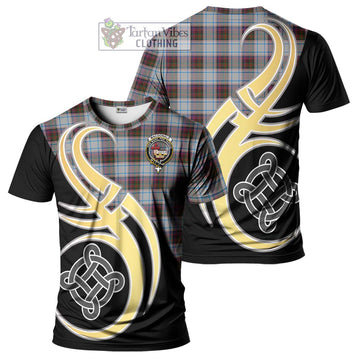 MacDonald Dress Ancient Tartan T-Shirt with Family Crest and Celtic Symbol Style