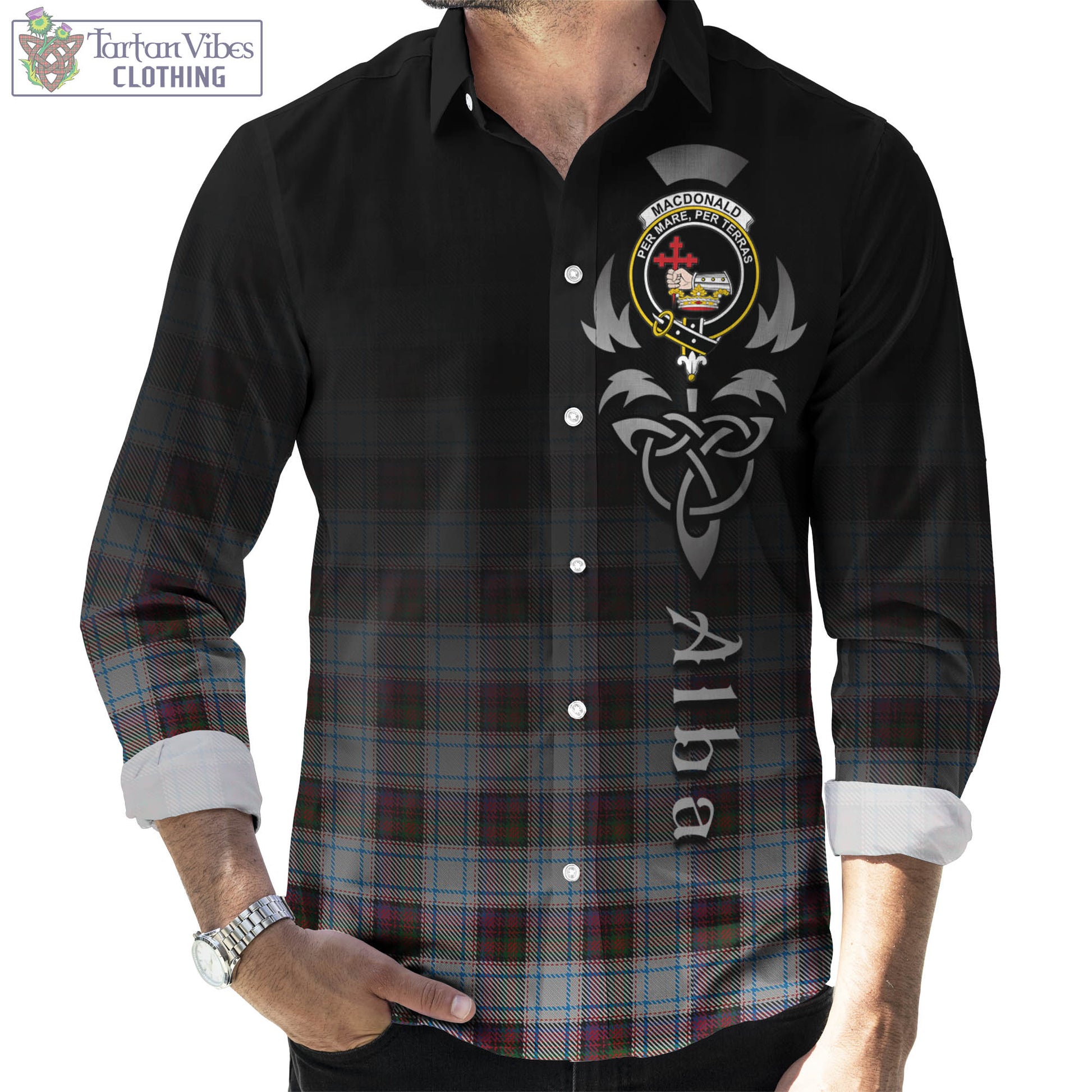 Tartan Vibes Clothing MacDonald Dress Ancient Tartan Long Sleeve Button Up Featuring Alba Gu Brath Family Crest Celtic Inspired