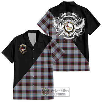 MacDonald Dress Ancient Tartan Short Sleeve Button Shirt with Family Crest and Military Logo Style