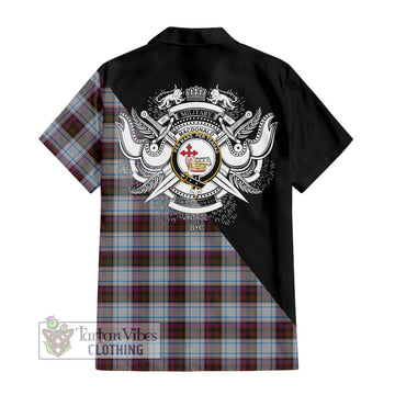 MacDonald Dress Ancient Tartan Short Sleeve Button Shirt with Family Crest and Military Logo Style