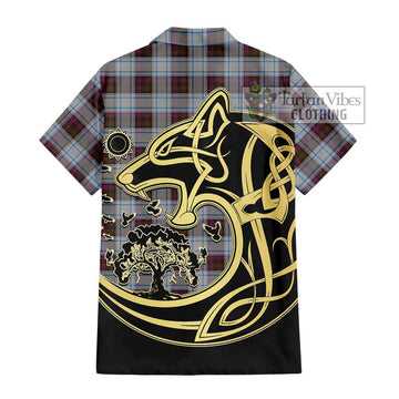 MacDonald Dress Ancient Tartan Short Sleeve Button Shirt with Family Crest Celtic Wolf Style