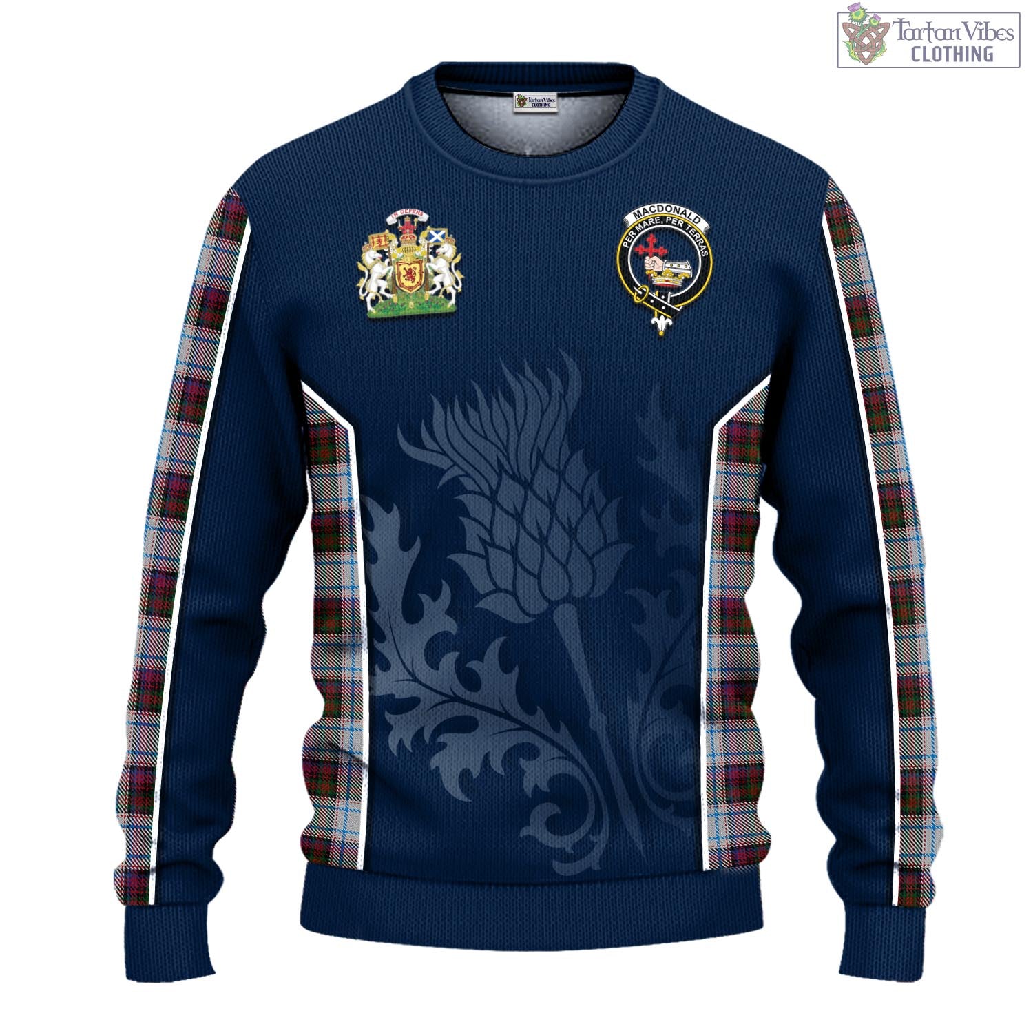 Tartan Vibes Clothing MacDonald Dress Ancient Tartan Knitted Sweatshirt with Family Crest and Scottish Thistle Vibes Sport Style