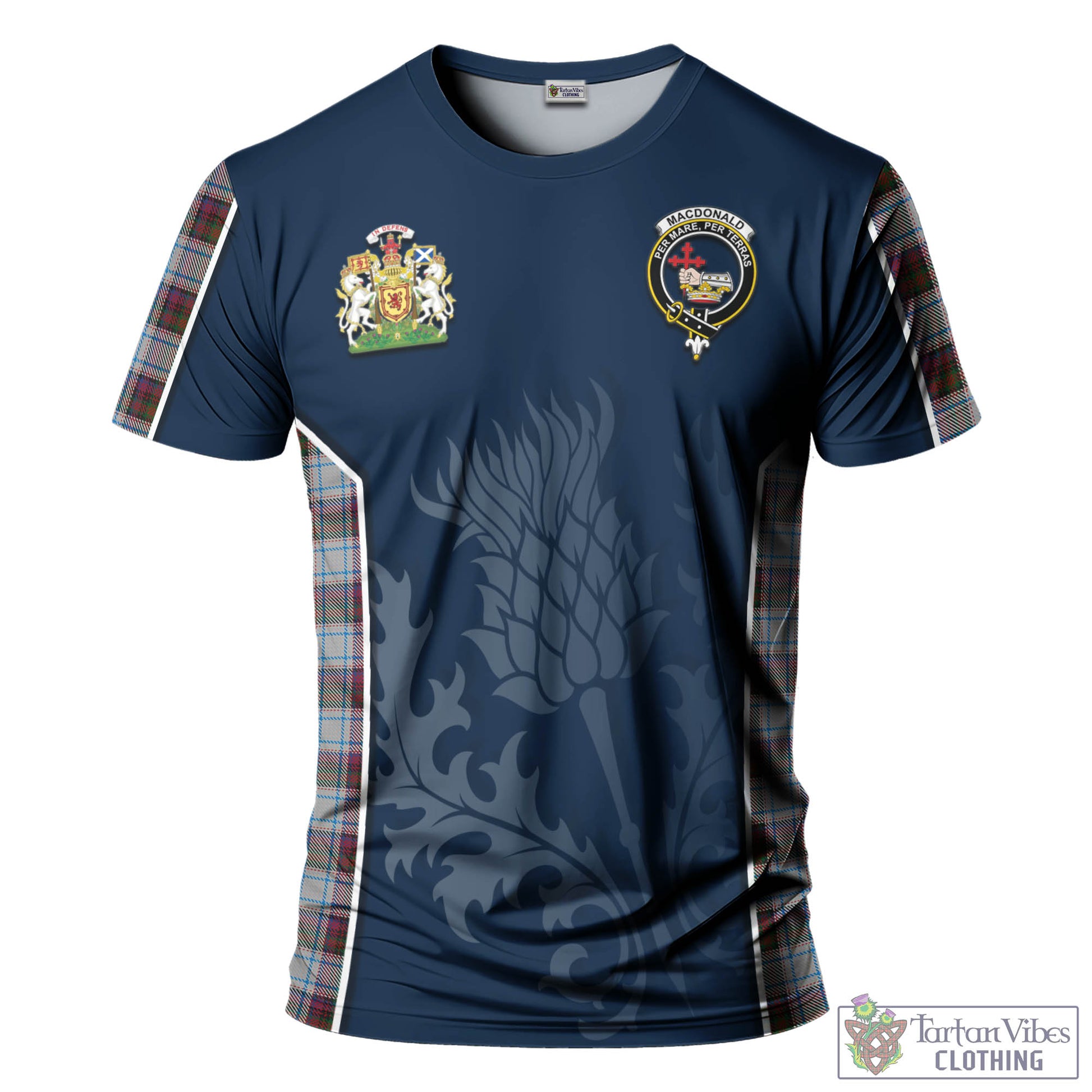 Tartan Vibes Clothing MacDonald Dress Ancient Tartan T-Shirt with Family Crest and Scottish Thistle Vibes Sport Style