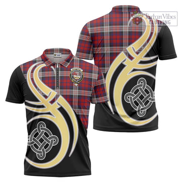 MacDonald Dress Irish Tartan Zipper Polo Shirt with Family Crest and Celtic Symbol Style