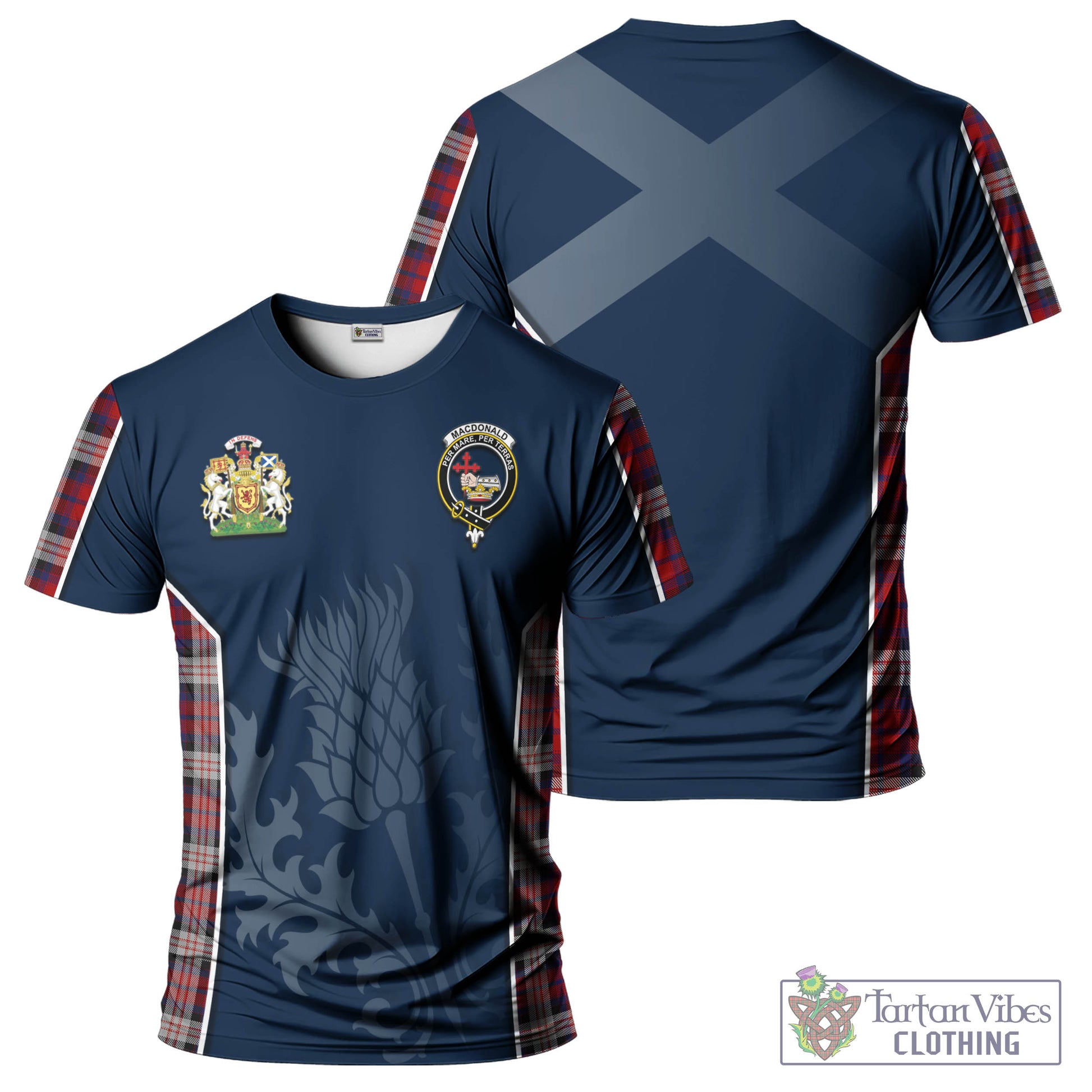 Tartan Vibes Clothing MacDonald Dress Irish Tartan T-Shirt with Family Crest and Scottish Thistle Vibes Sport Style