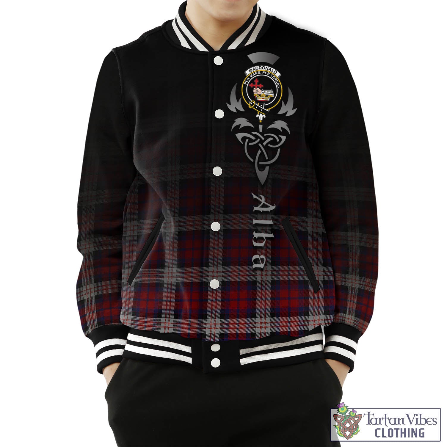 Tartan Vibes Clothing MacDonald Dress Irish Tartan Baseball Jacket Featuring Alba Gu Brath Family Crest Celtic Inspired