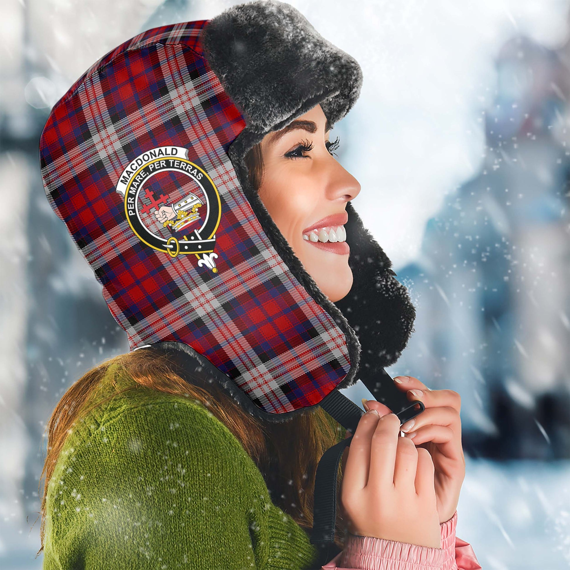 MacDonald Dress Irish Tartan Winter Trapper Hat with Family Crest Winter Trapper Hat Universal Fit Circumference 22.8in (58cm) - Tartanvibesclothing