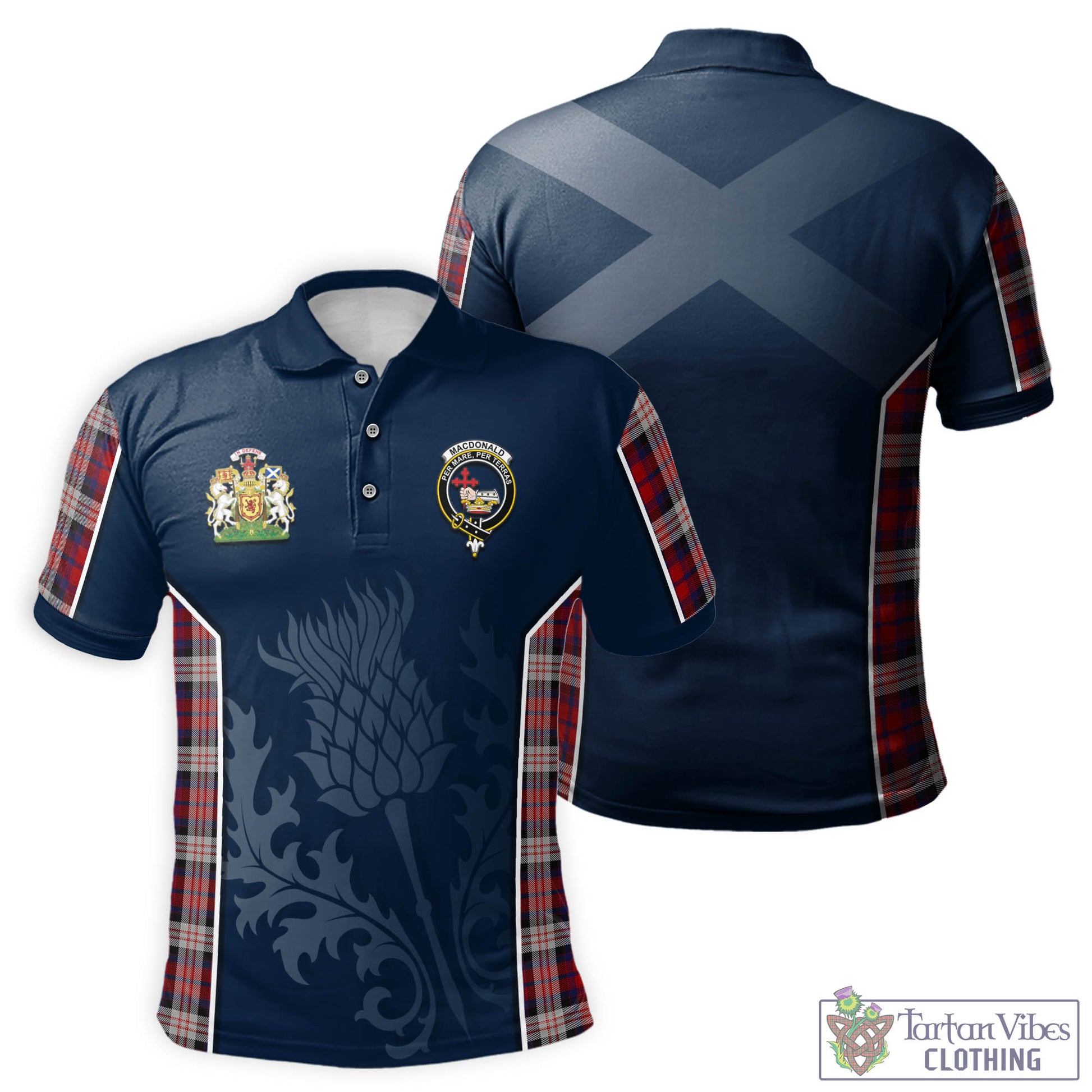 Tartan Vibes Clothing MacDonald Dress Irish Tartan Men's Polo Shirt with Family Crest and Scottish Thistle Vibes Sport Style