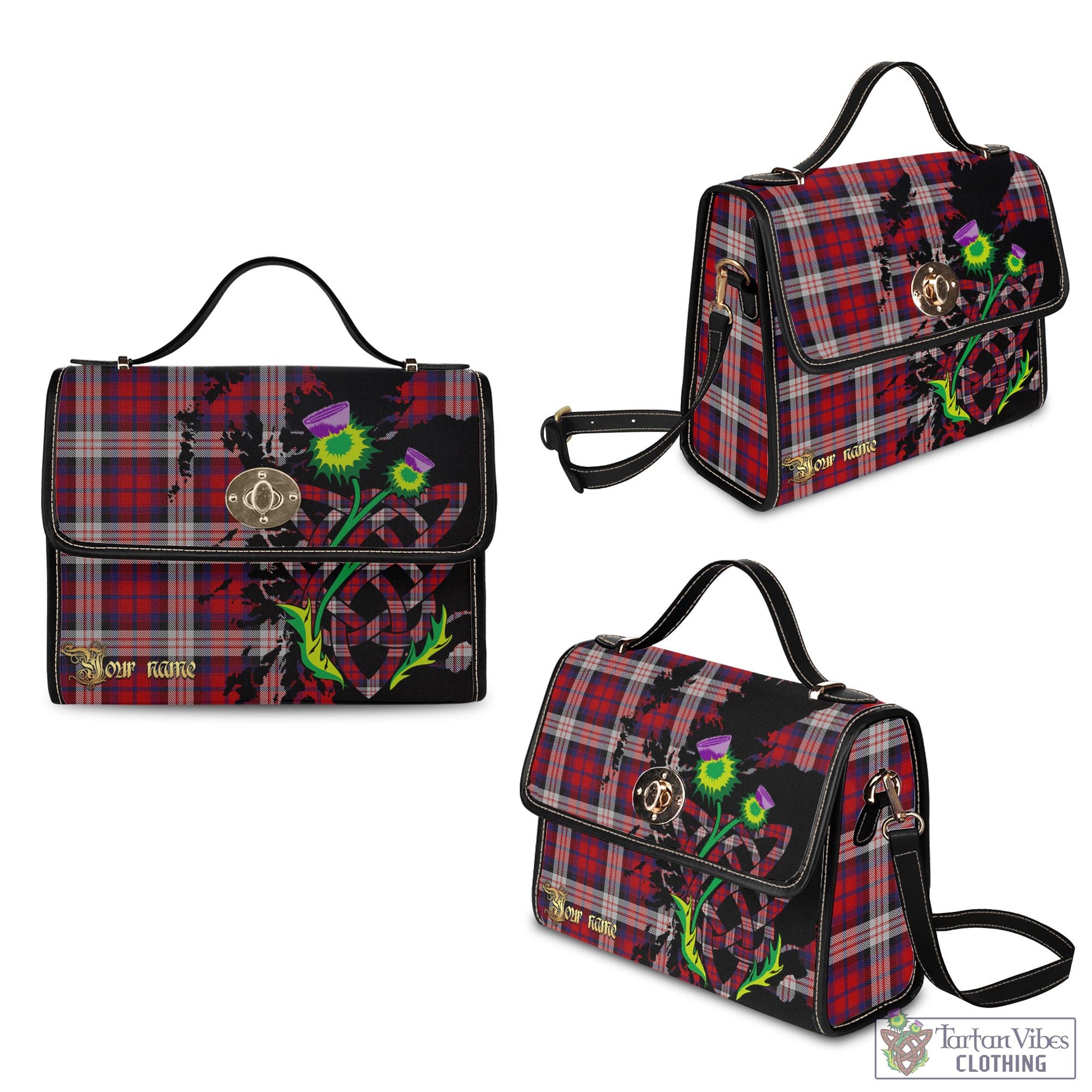 Tartan Vibes Clothing MacDonald Dress Irish Tartan Waterproof Canvas Bag with Scotland Map and Thistle Celtic Accents