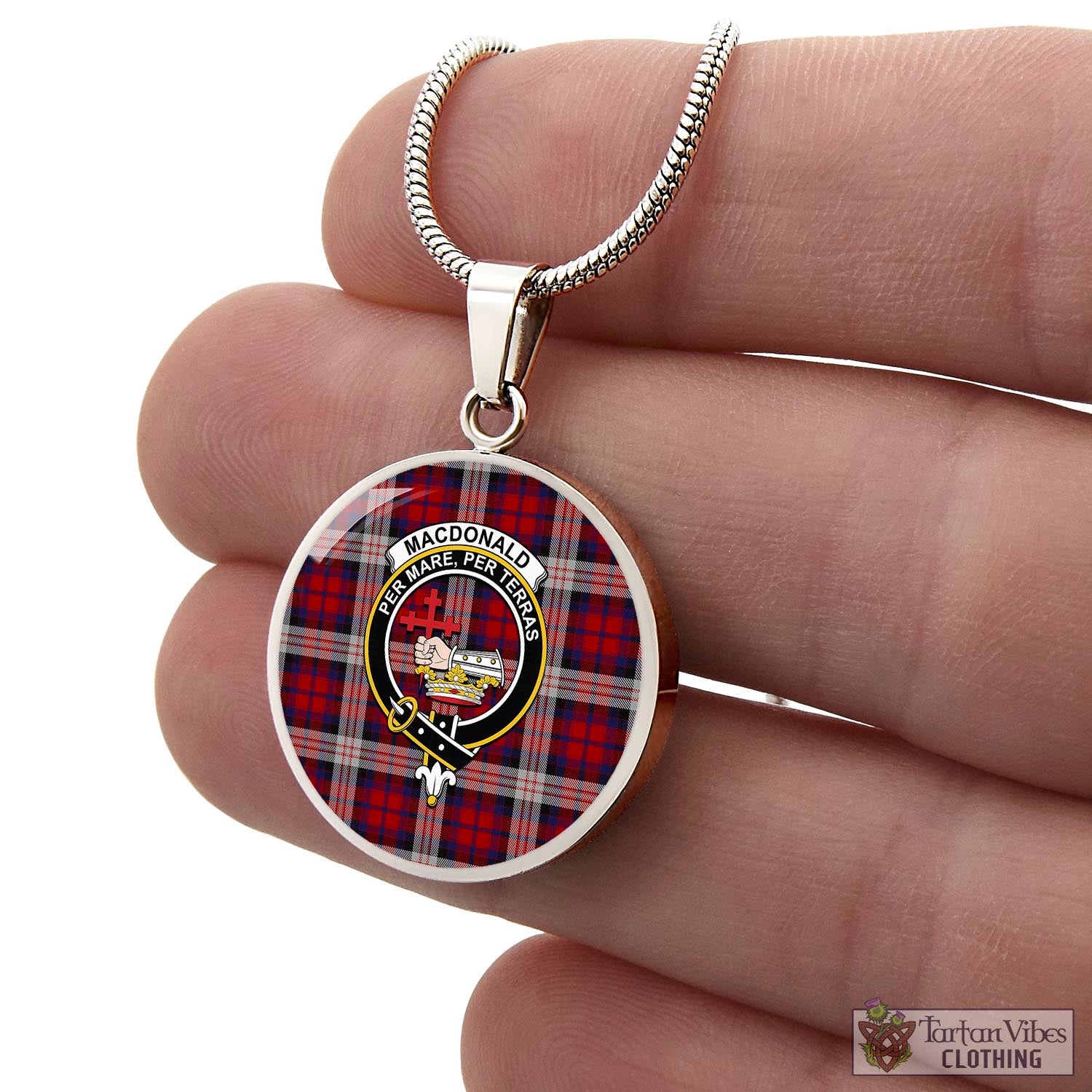 Tartan Vibes Clothing MacDonald Dress Irish Tartan Circle Necklace with Family Crest