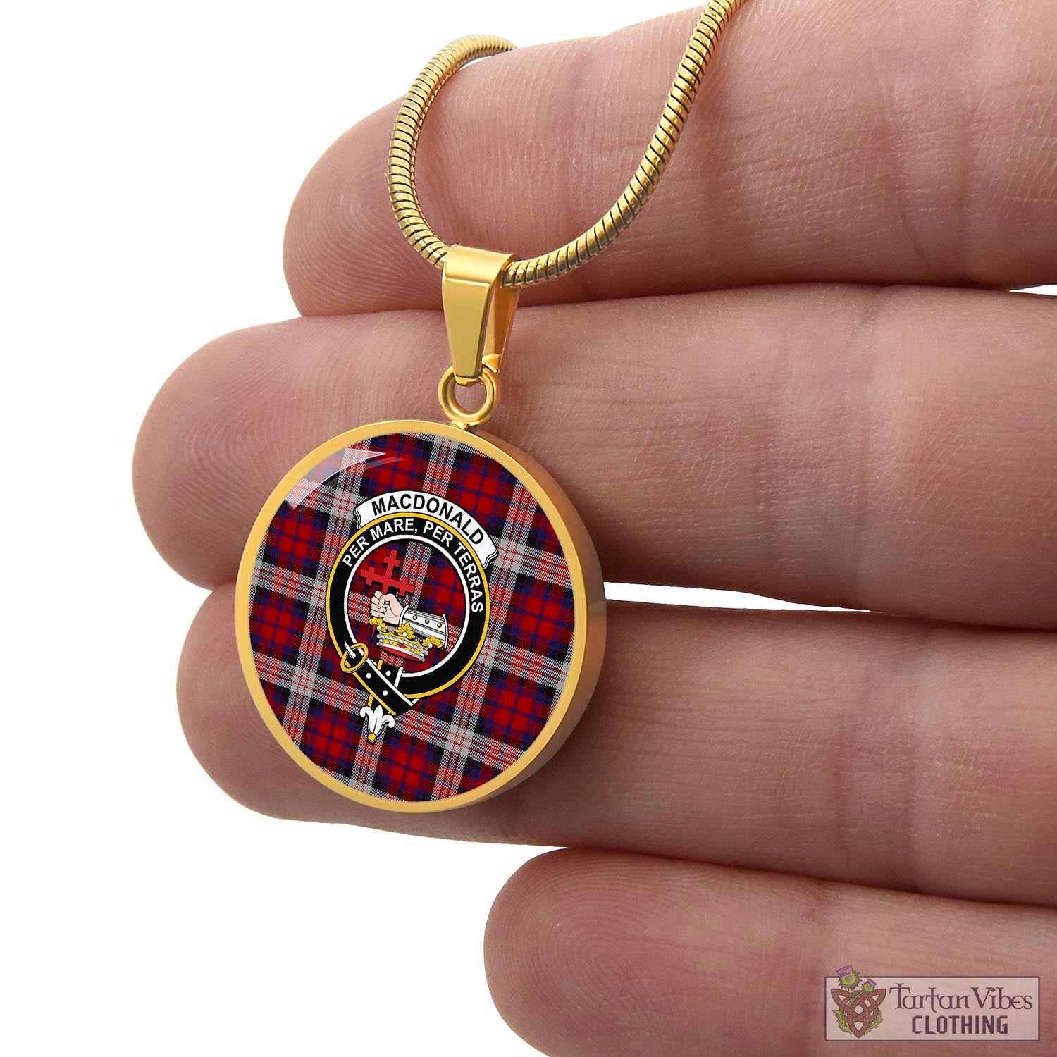 Tartan Vibes Clothing MacDonald Dress Irish Tartan Circle Necklace with Family Crest