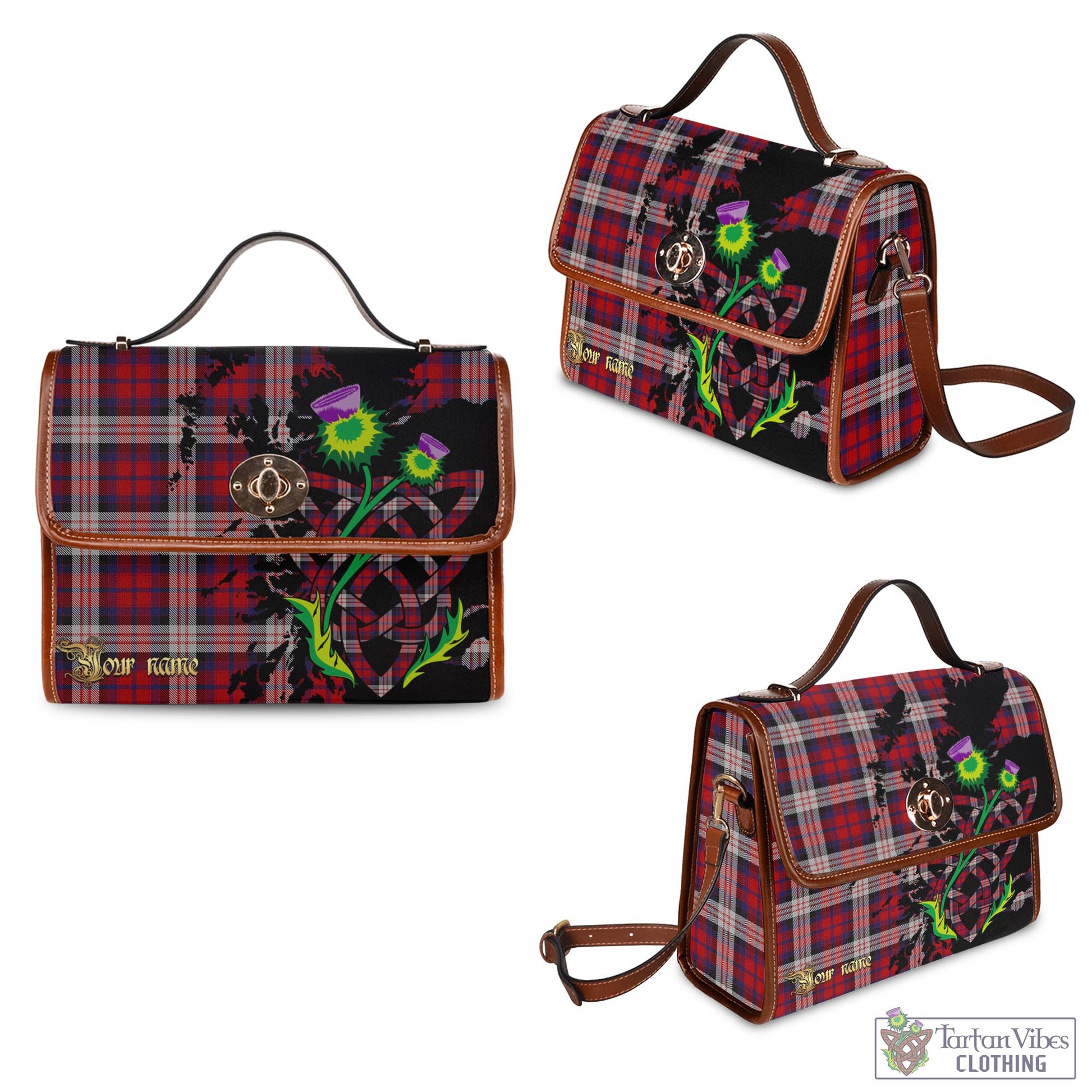 Tartan Vibes Clothing MacDonald Dress Irish Tartan Waterproof Canvas Bag with Scotland Map and Thistle Celtic Accents