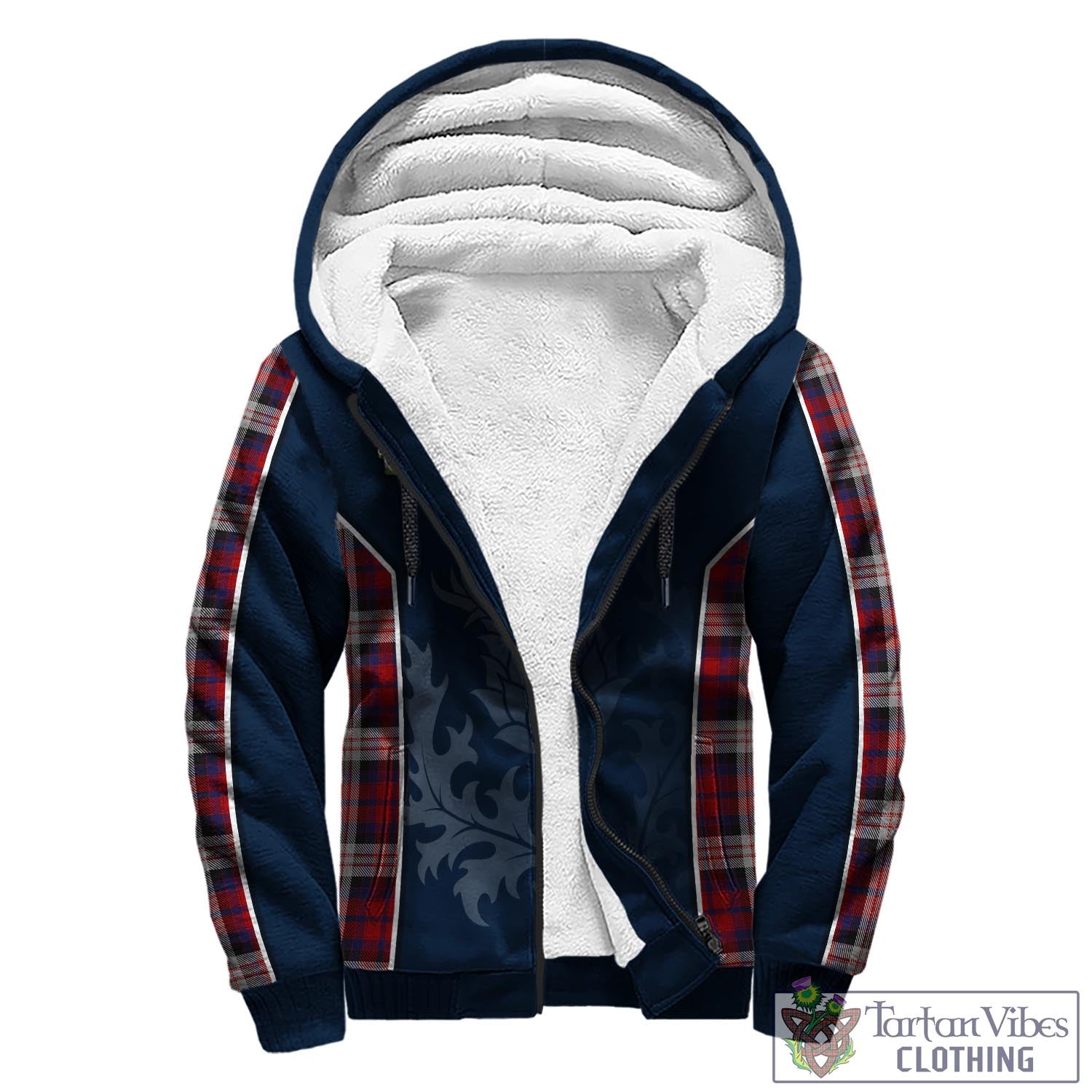 Tartan Vibes Clothing MacDonald Dress Irish Tartan Sherpa Hoodie with Family Crest and Scottish Thistle Vibes Sport Style