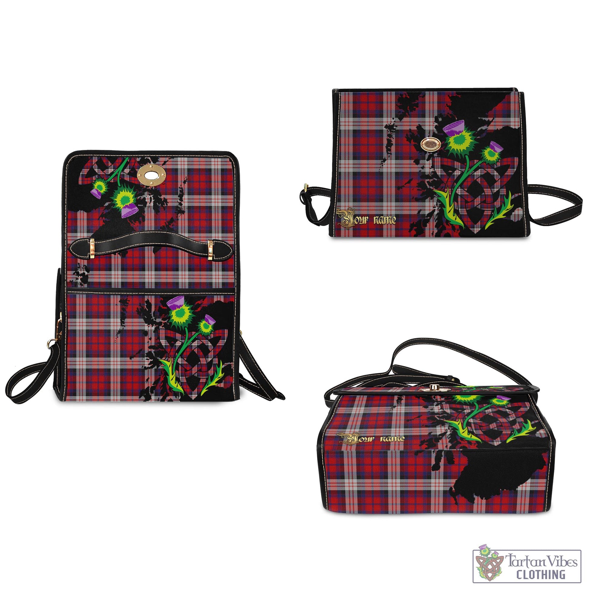 Tartan Vibes Clothing MacDonald Dress Irish Tartan Waterproof Canvas Bag with Scotland Map and Thistle Celtic Accents