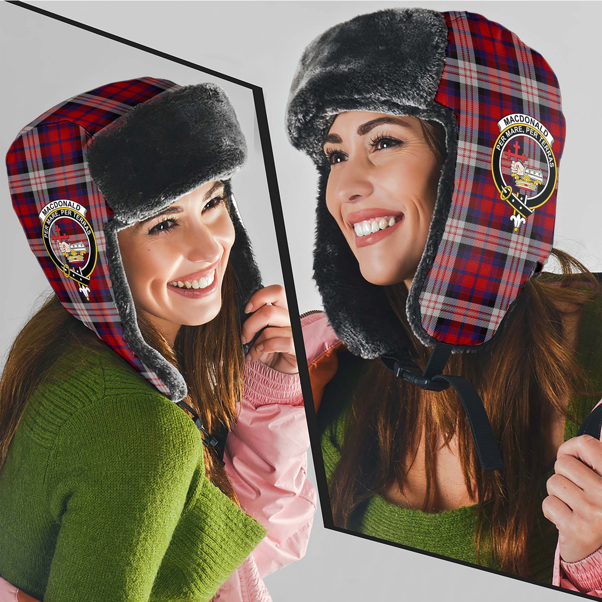 MacDonald Dress Irish Tartan Winter Trapper Hat with Family Crest - Tartanvibesclothing