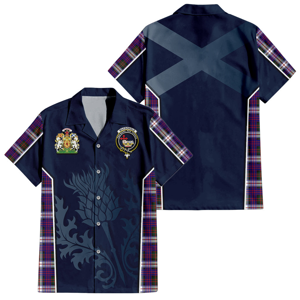 Tartan Vibes Clothing MacDonald Dress Modern Tartan Short Sleeve Button Up Shirt with Family Crest and Scottish Thistle Vibes Sport Style