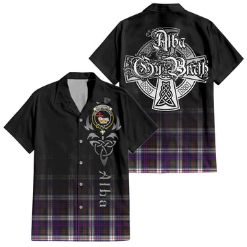 MacDonald Dress Modern Tartan Short Sleeve Button Up Shirt Featuring Alba Gu Brath Family Crest Celtic Inspired