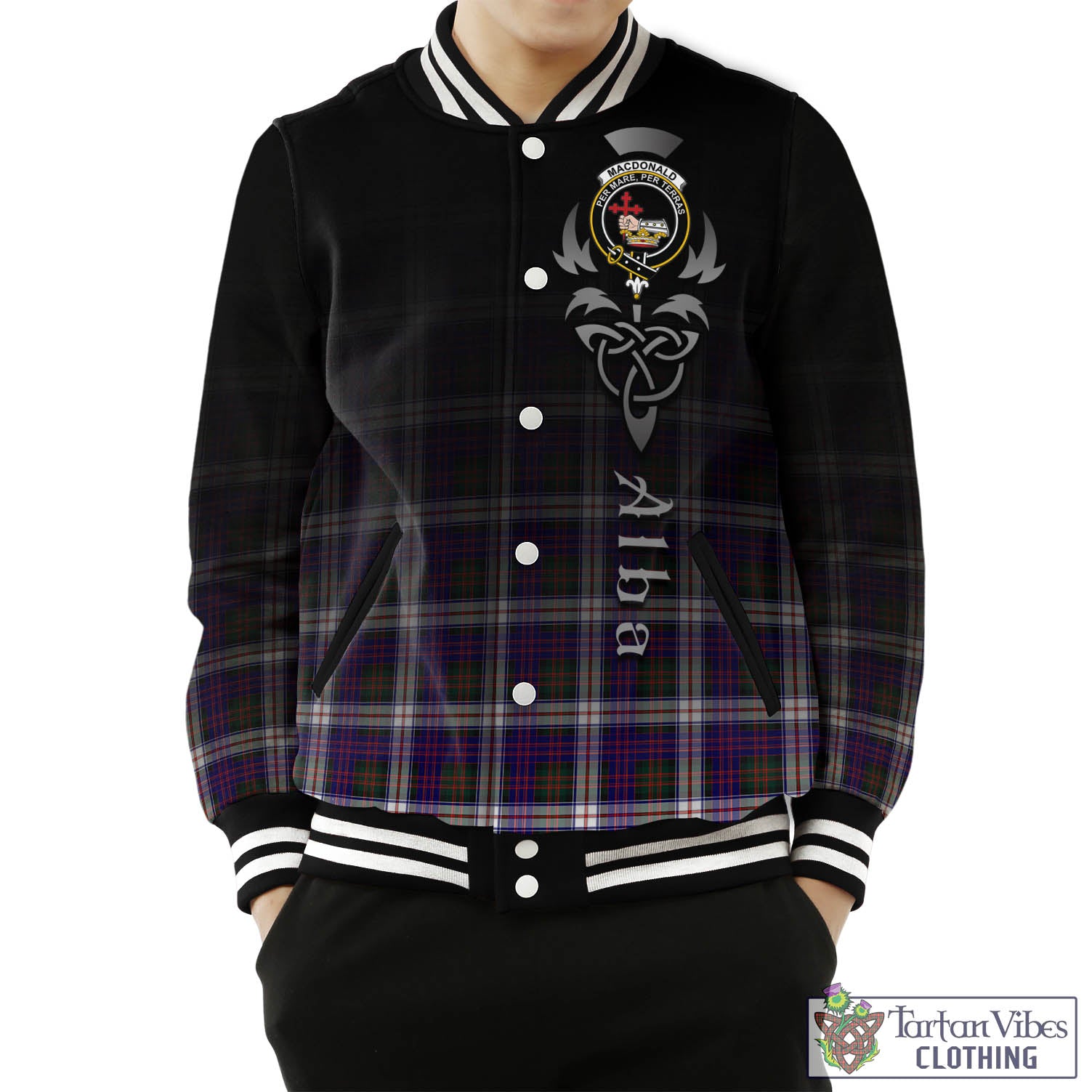 Tartan Vibes Clothing MacDonald Dress Modern Tartan Baseball Jacket Featuring Alba Gu Brath Family Crest Celtic Inspired