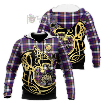 MacDonald Dress Modern Tartan Knitted Hoodie with Family Crest Celtic Wolf Style