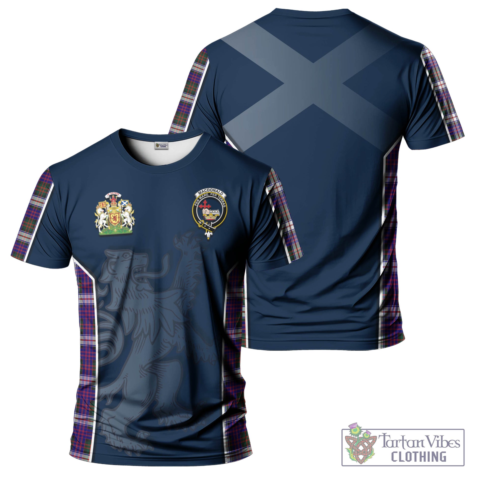 Tartan Vibes Clothing MacDonald Dress Modern Tartan T-Shirt with Family Crest and Lion Rampant Vibes Sport Style