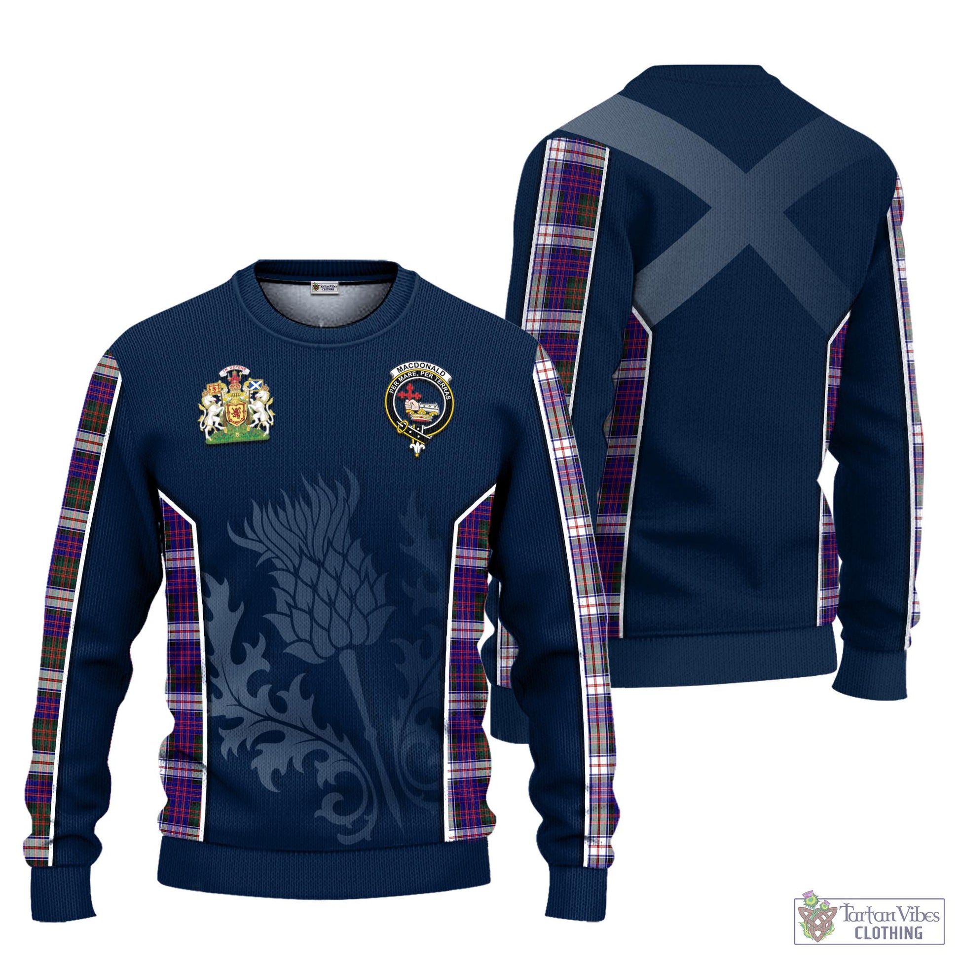 Tartan Vibes Clothing MacDonald Dress Modern Tartan Knitted Sweatshirt with Family Crest and Scottish Thistle Vibes Sport Style