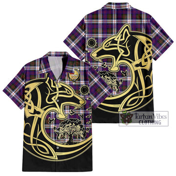 MacDonald Dress Modern Tartan Short Sleeve Button Shirt with Family Crest Celtic Wolf Style