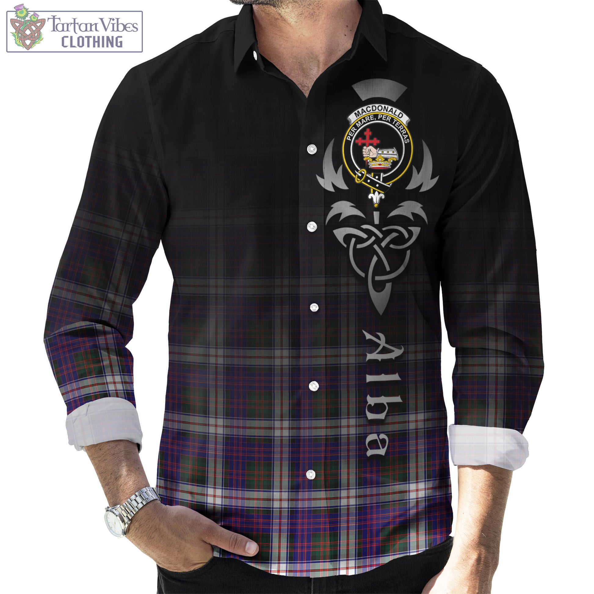 Tartan Vibes Clothing MacDonald Dress Modern Tartan Long Sleeve Button Up Featuring Alba Gu Brath Family Crest Celtic Inspired