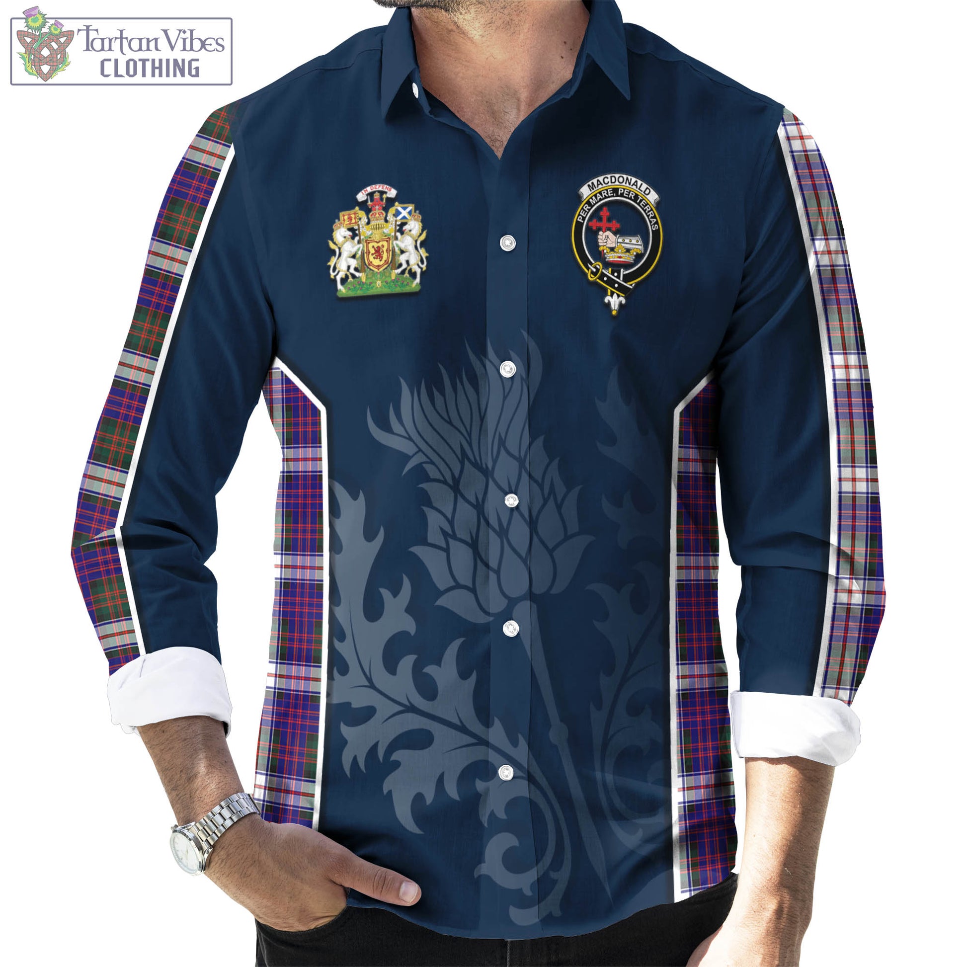 Tartan Vibes Clothing MacDonald Dress Modern Tartan Long Sleeve Button Up Shirt with Family Crest and Scottish Thistle Vibes Sport Style