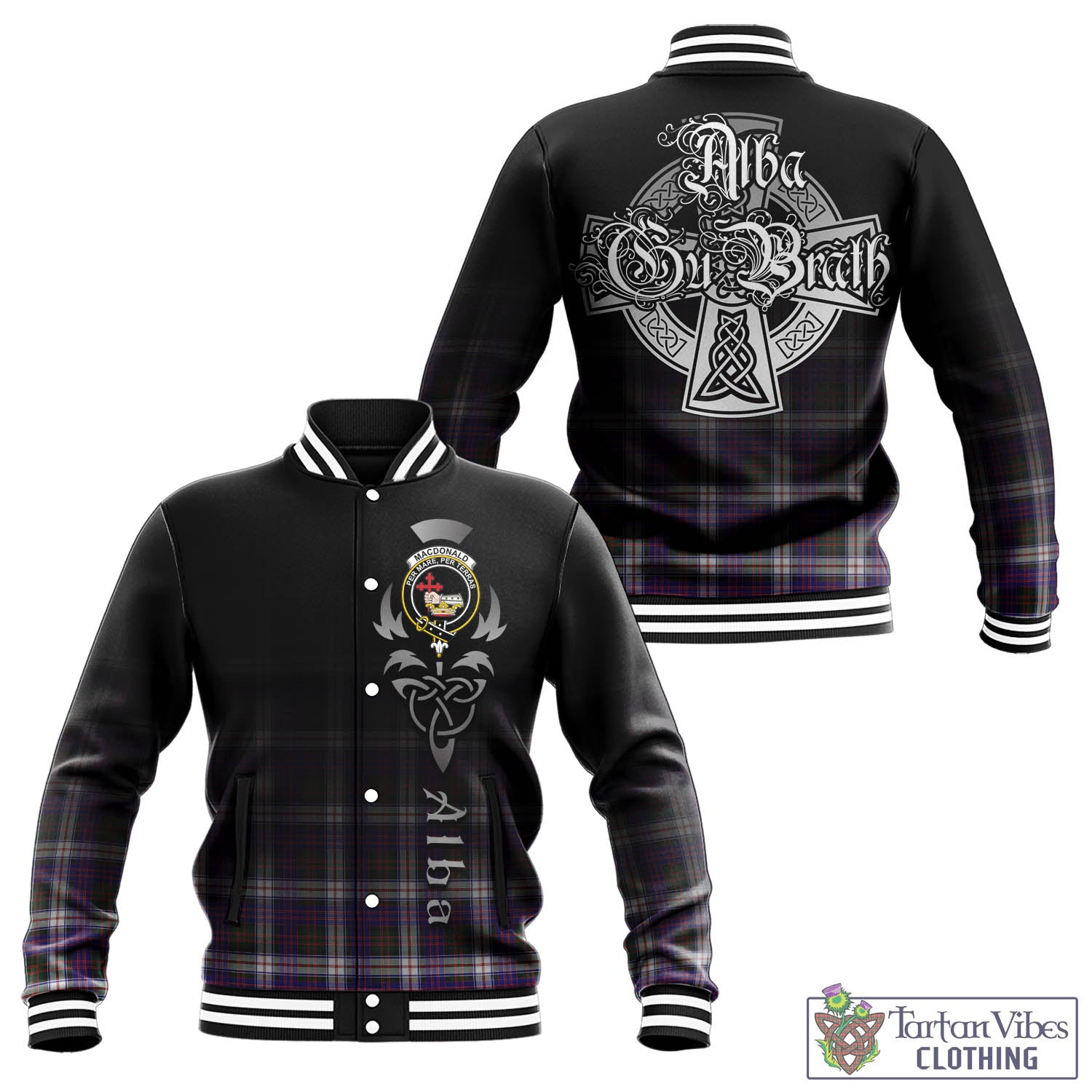 Tartan Vibes Clothing MacDonald Dress Modern Tartan Baseball Jacket Featuring Alba Gu Brath Family Crest Celtic Inspired