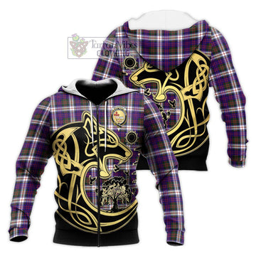 MacDonald Dress Modern Tartan Knitted Hoodie with Family Crest Celtic Wolf Style