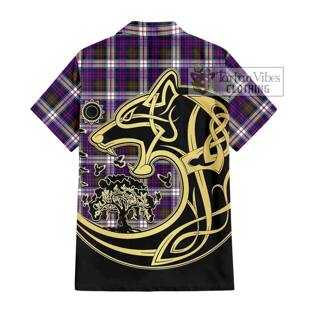 MacDonald Dress Modern Tartan Short Sleeve Button Shirt with Family Crest Celtic Wolf Style - Tartan Vibes Clothing