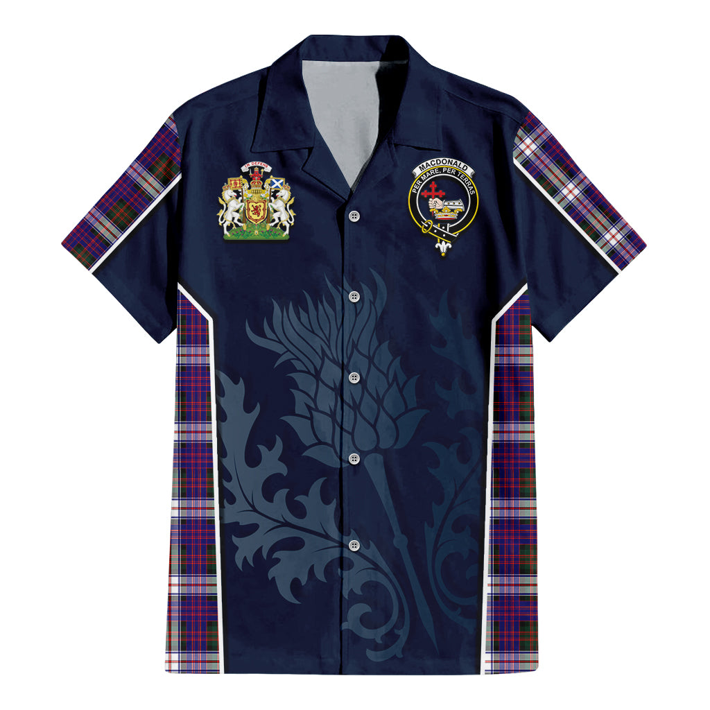 Tartan Vibes Clothing MacDonald Dress Modern Tartan Short Sleeve Button Up Shirt with Family Crest and Scottish Thistle Vibes Sport Style