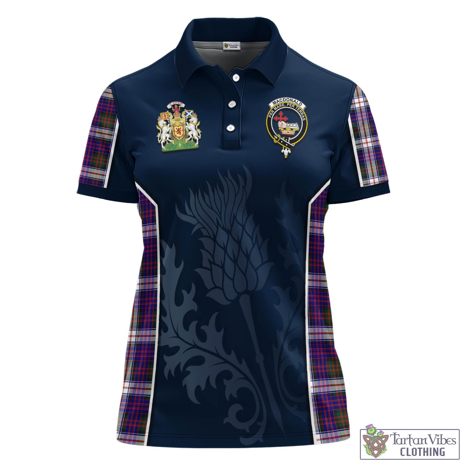 Tartan Vibes Clothing MacDonald Dress Modern Tartan Women's Polo Shirt with Family Crest and Scottish Thistle Vibes Sport Style