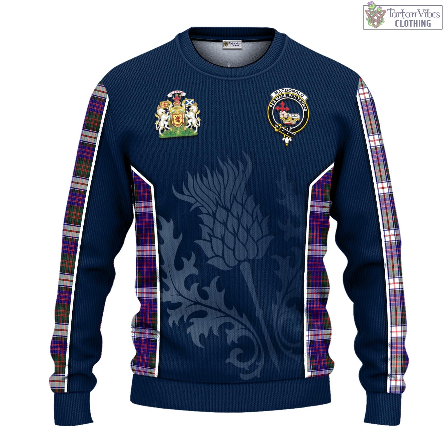 Tartan Vibes Clothing MacDonald Dress Modern Tartan Knitted Sweatshirt with Family Crest and Scottish Thistle Vibes Sport Style