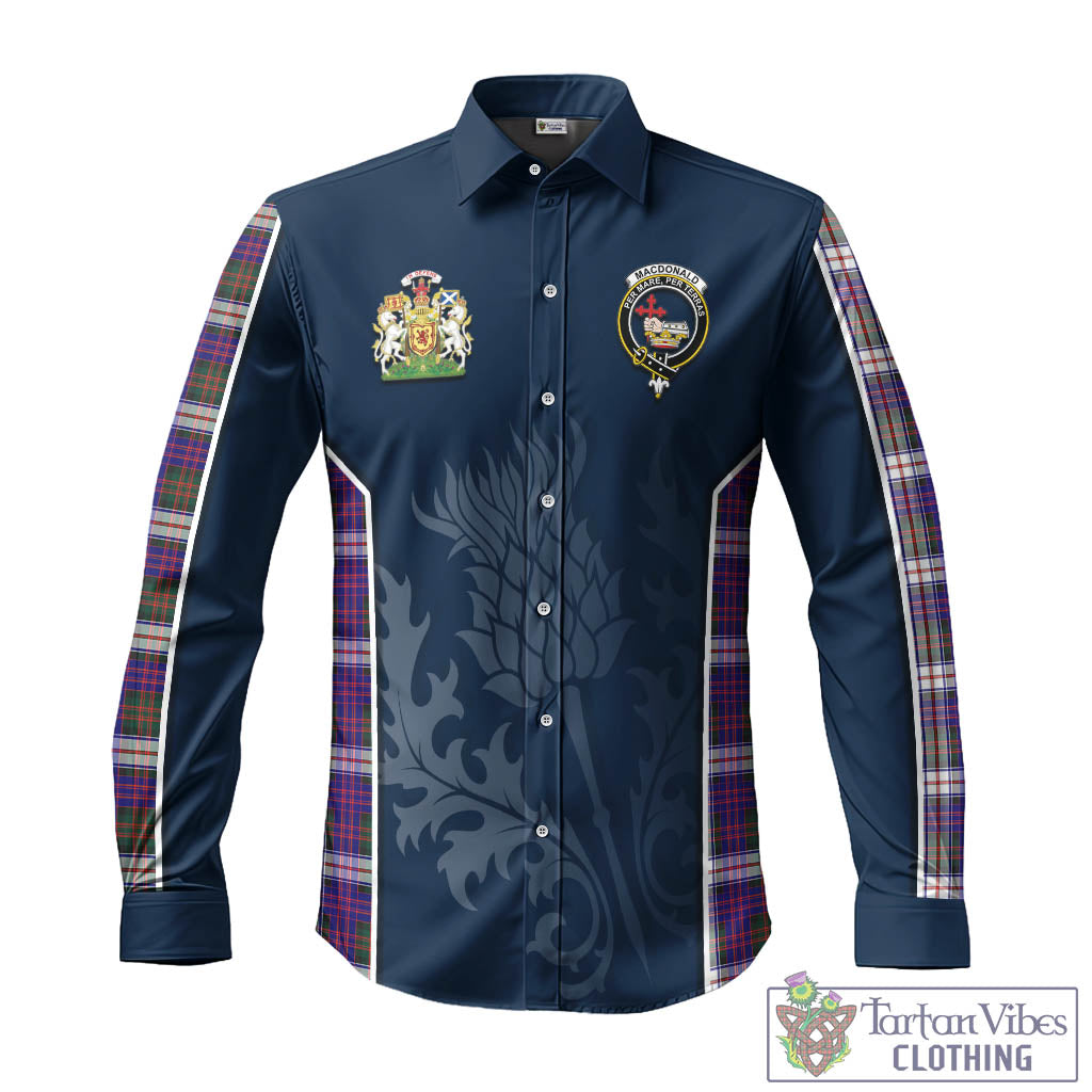 Tartan Vibes Clothing MacDonald Dress Modern Tartan Long Sleeve Button Up Shirt with Family Crest and Scottish Thistle Vibes Sport Style