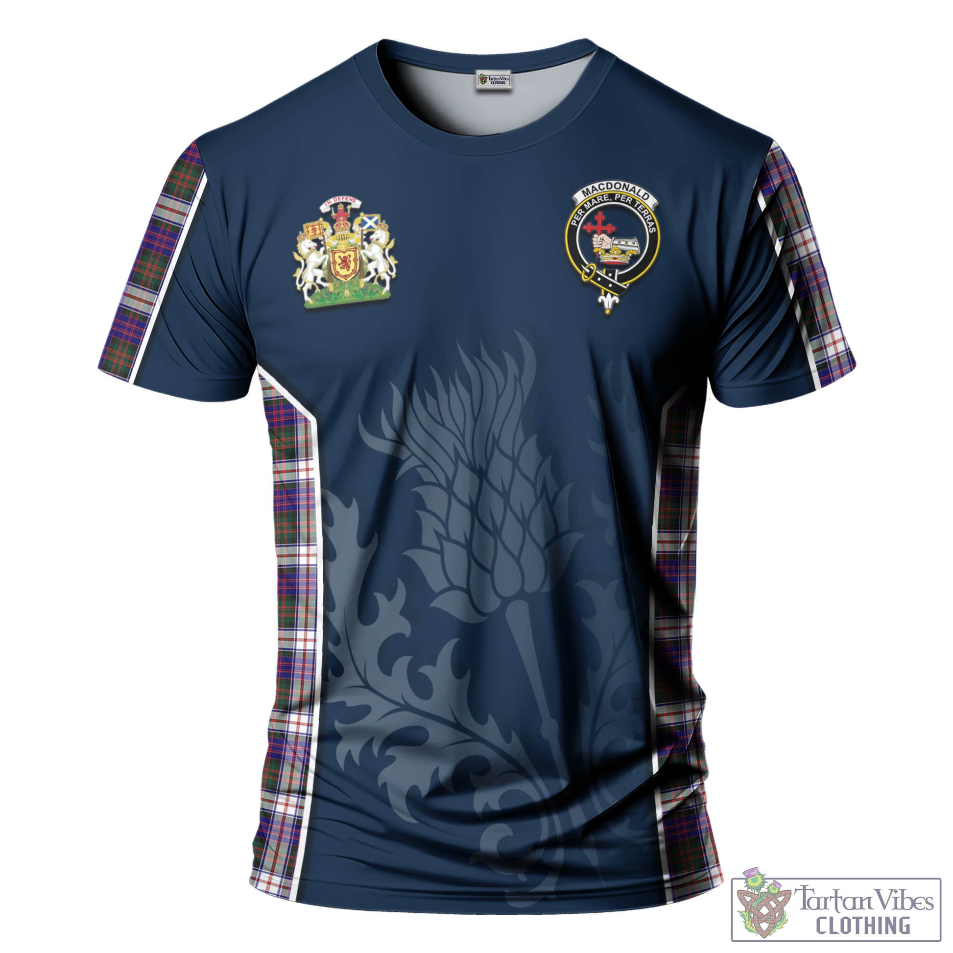 Tartan Vibes Clothing MacDonald Dress Modern Tartan T-Shirt with Family Crest and Scottish Thistle Vibes Sport Style