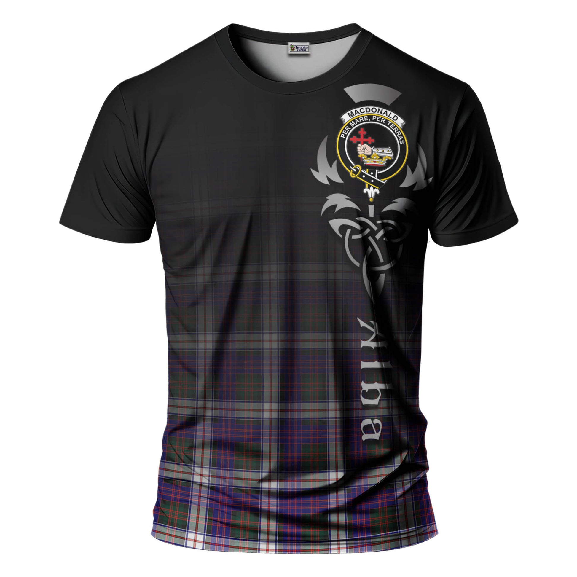 Tartan Vibes Clothing MacDonald Dress Modern Tartan T-Shirt Featuring Alba Gu Brath Family Crest Celtic Inspired