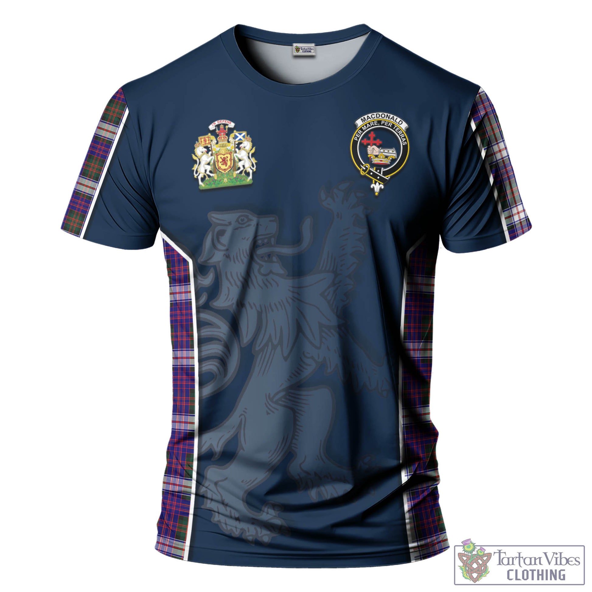 Tartan Vibes Clothing MacDonald Dress Modern Tartan T-Shirt with Family Crest and Lion Rampant Vibes Sport Style