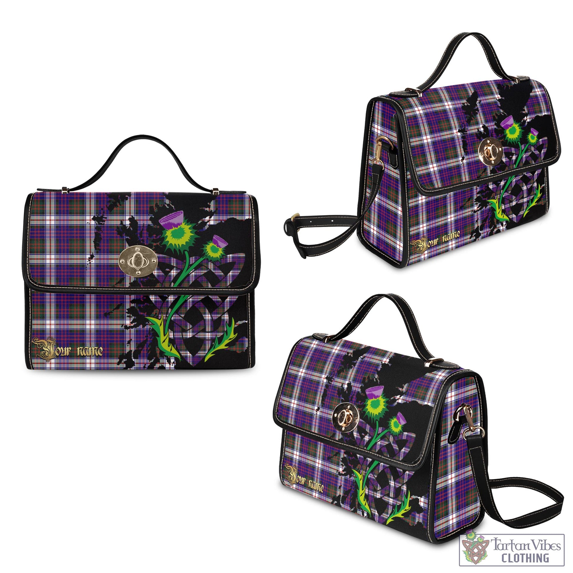 Tartan Vibes Clothing MacDonald Dress Modern Tartan Waterproof Canvas Bag with Scotland Map and Thistle Celtic Accents