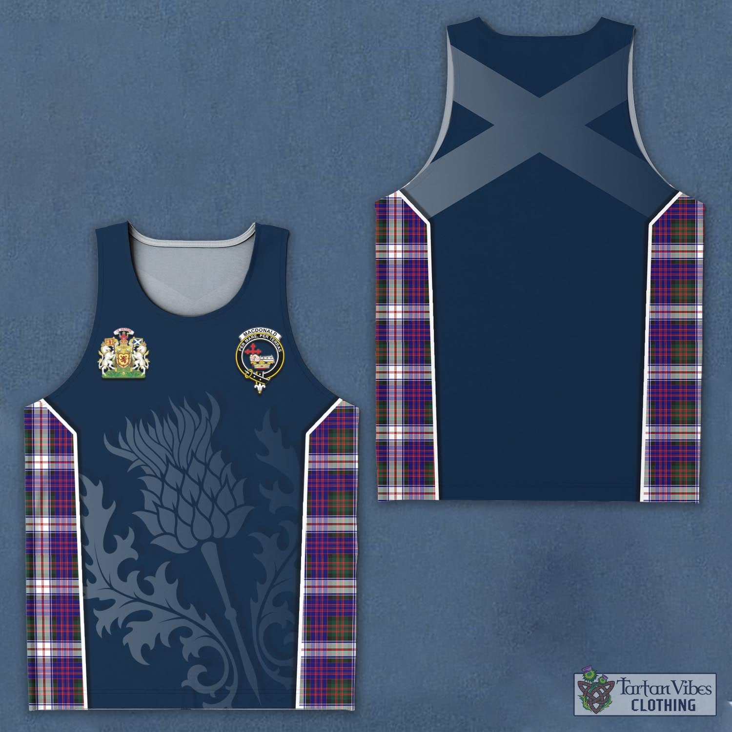 Tartan Vibes Clothing MacDonald Dress Modern Tartan Men's Tanks Top with Family Crest and Scottish Thistle Vibes Sport Style