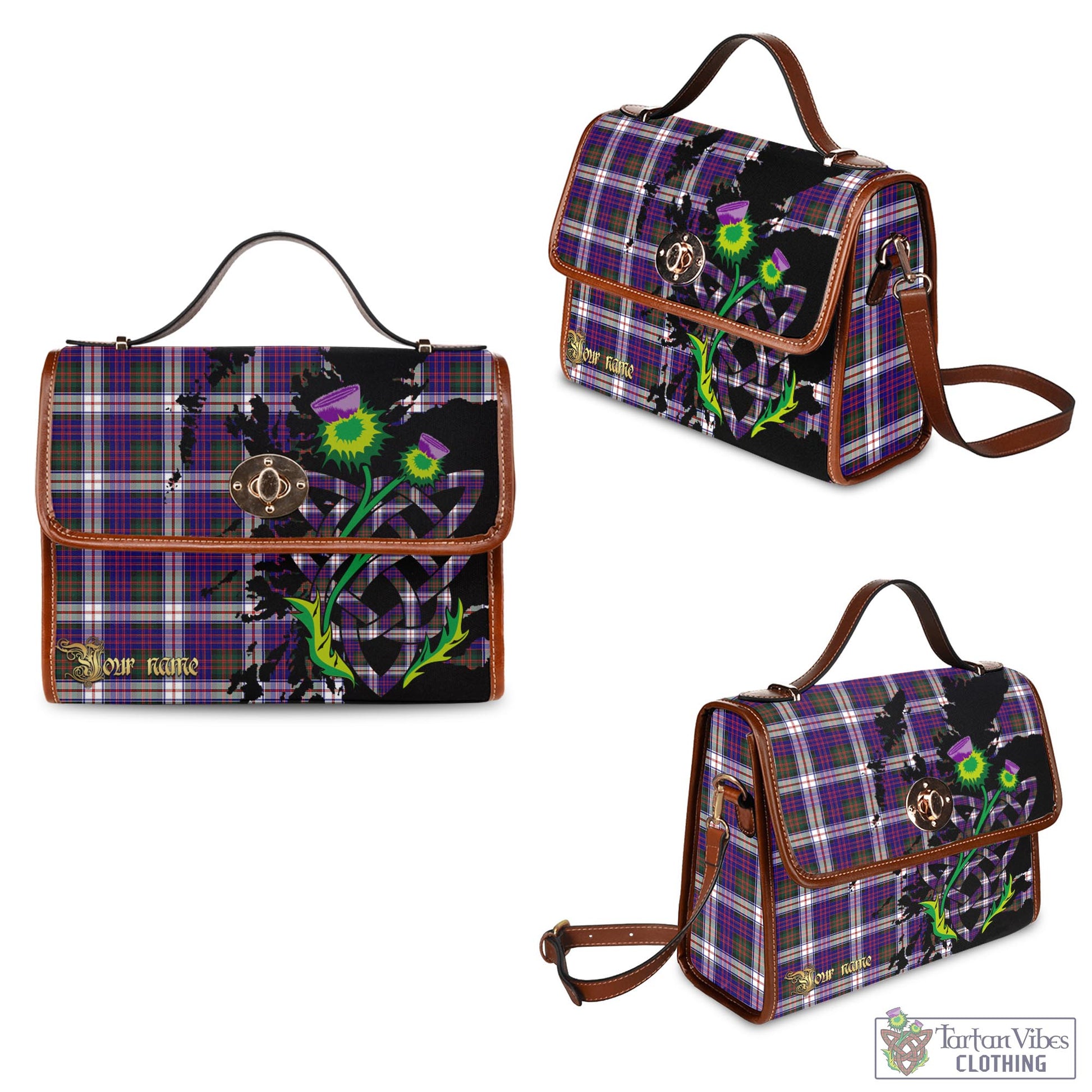 Tartan Vibes Clothing MacDonald Dress Modern Tartan Waterproof Canvas Bag with Scotland Map and Thistle Celtic Accents