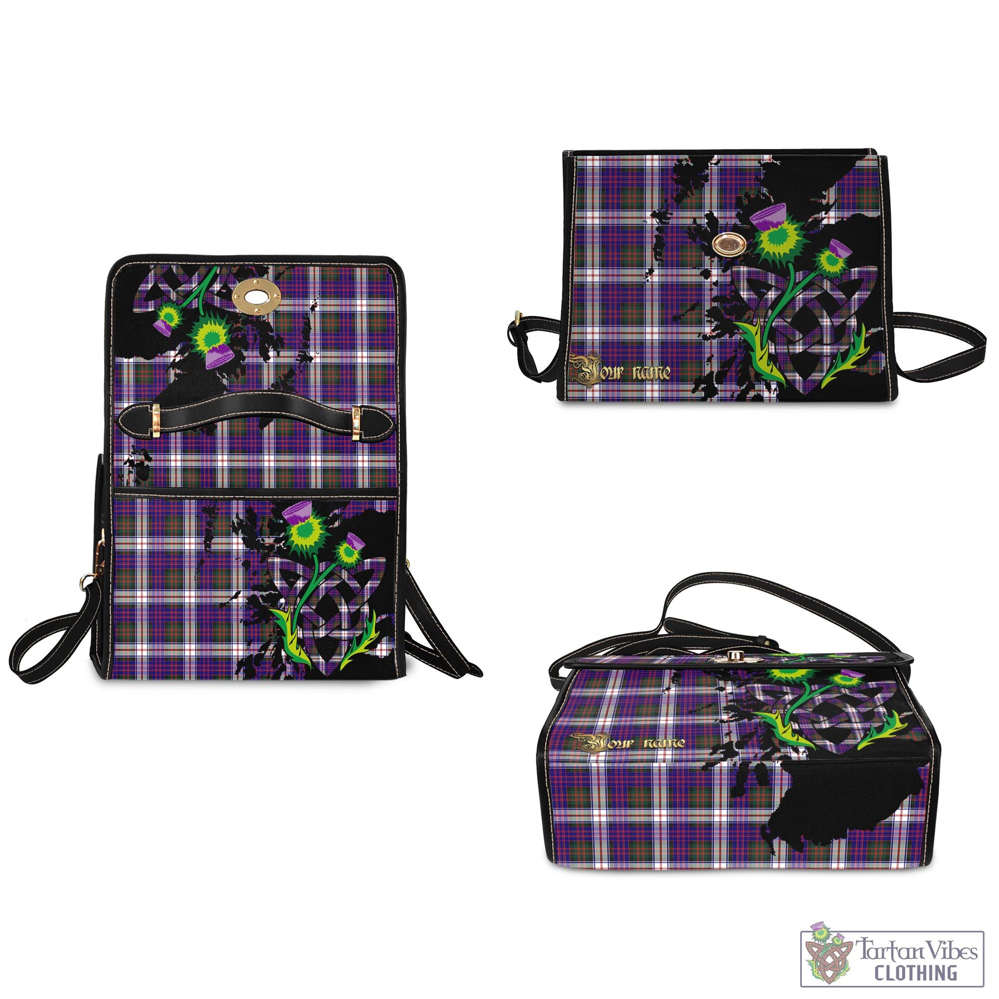 Tartan Vibes Clothing MacDonald Dress Modern Tartan Waterproof Canvas Bag with Scotland Map and Thistle Celtic Accents