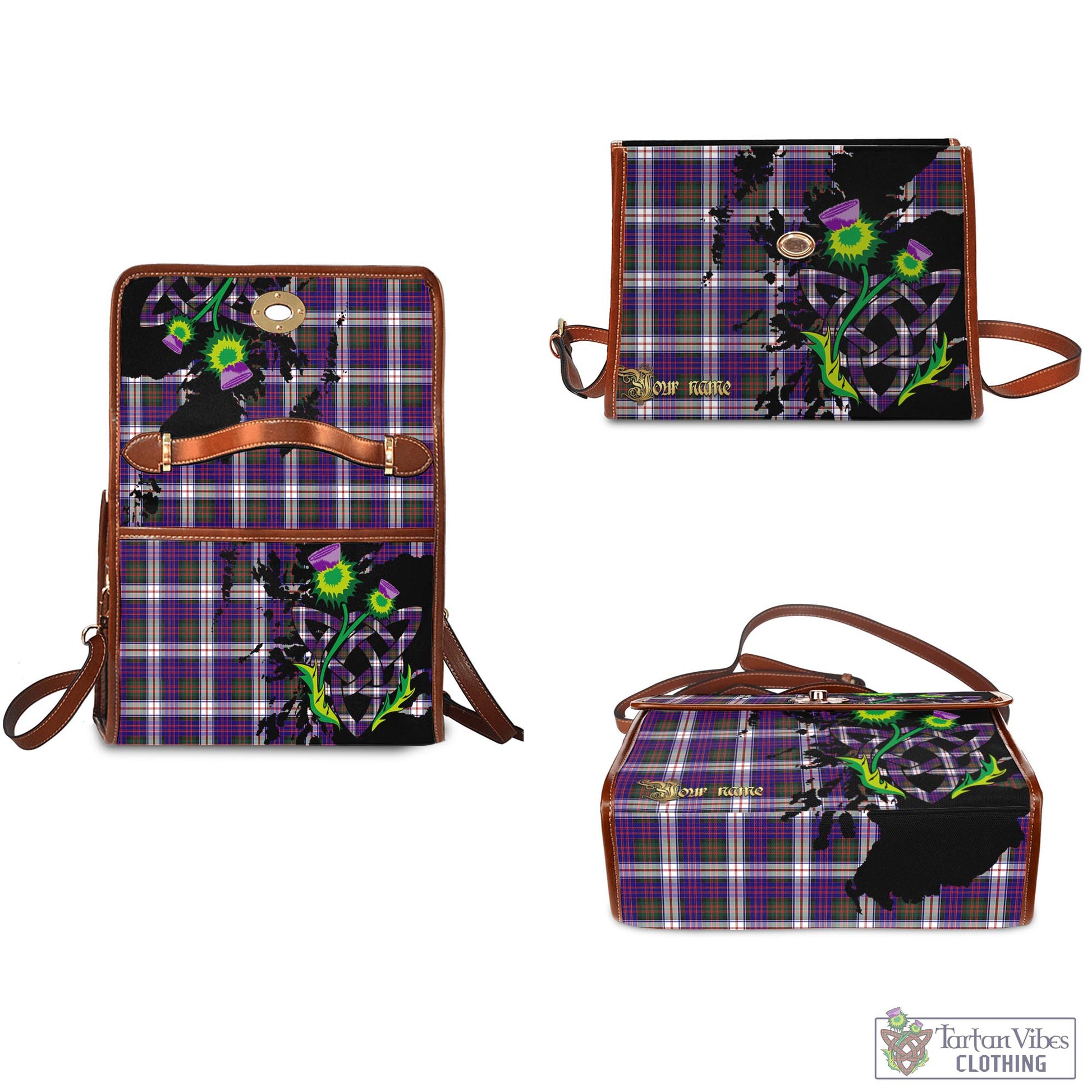 Tartan Vibes Clothing MacDonald Dress Modern Tartan Waterproof Canvas Bag with Scotland Map and Thistle Celtic Accents