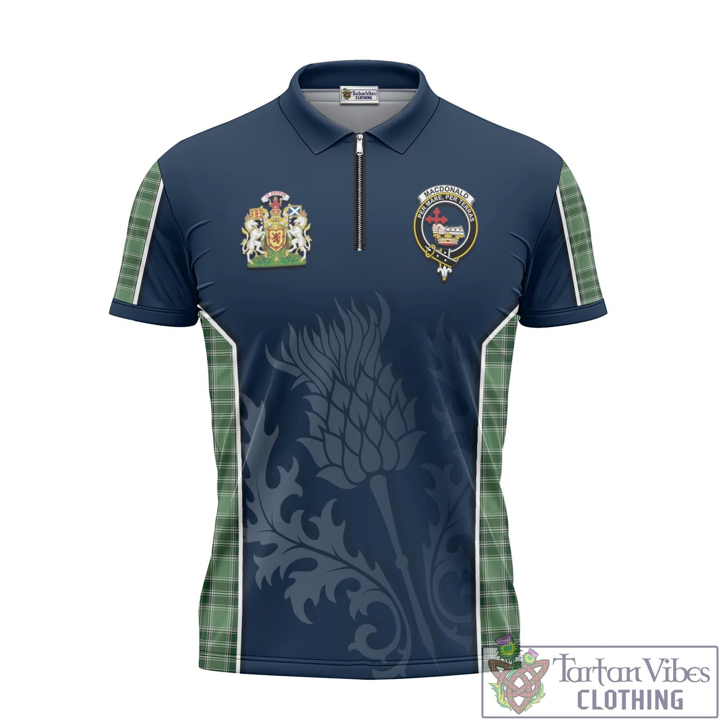 Tartan Vibes Clothing MacDonald Lord of the Isles Hunting Tartan Zipper Polo Shirt with Family Crest and Scottish Thistle Vibes Sport Style